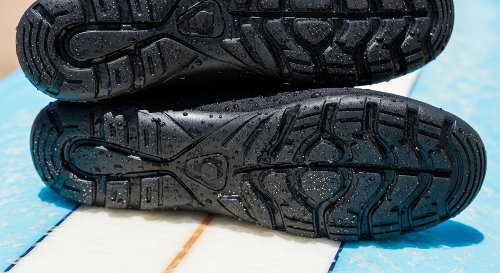 Close-up of flexible sole surf shoes on surfboard showing grip and traction pattern