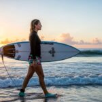 Woman surfer wearing lightweight surf shoes walking into ocean carrying surfboard