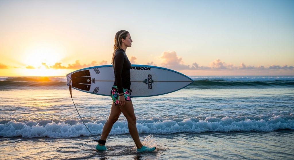 Woman surfer wearing lightweight surf shoes walking into ocean carrying surfboard