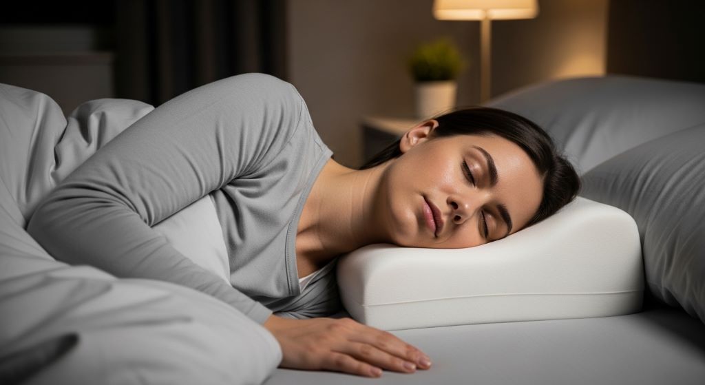 Person sleeping comfortably on memory foam neck support pillow demonstrating proper spinal alignment