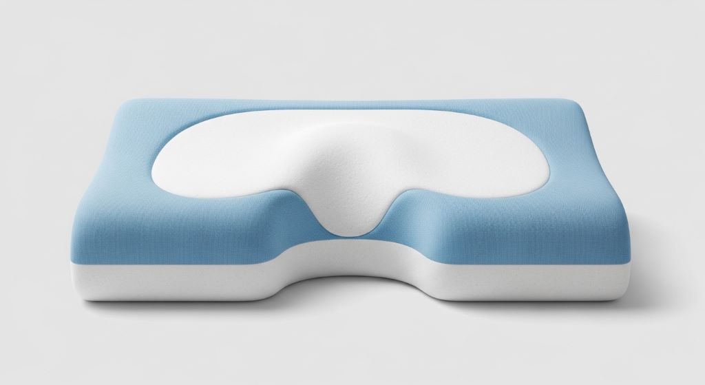 Contoured orthopedic pillow showing cervical curve support design for neck pain relief