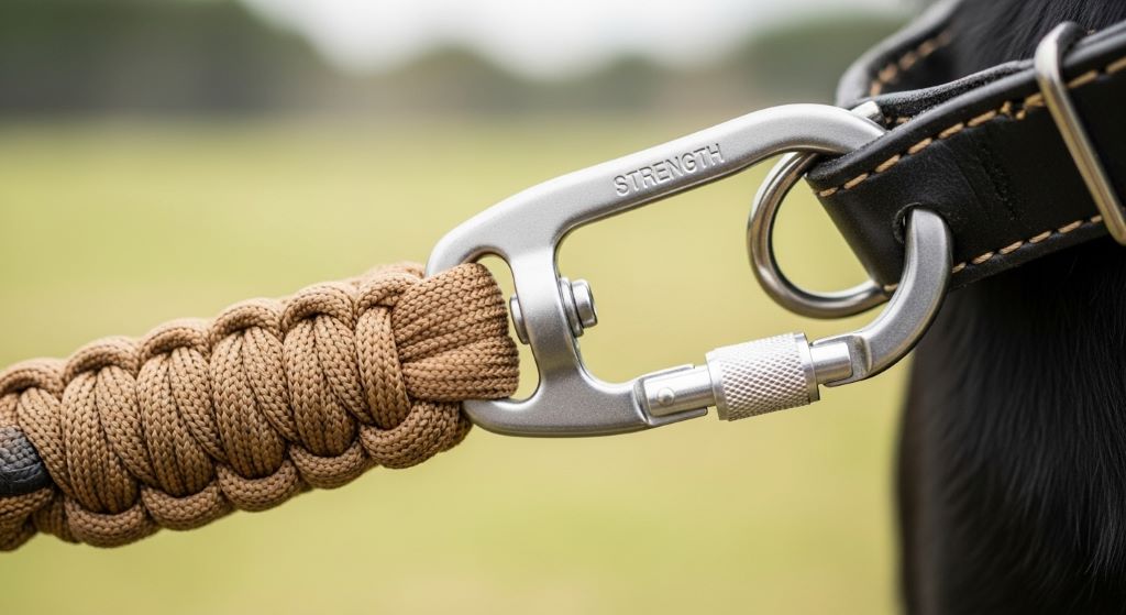 Close-up of durable rope leash with metal carabiner clip attached to dog collar showing quality hardware and thick braided construction