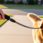 Owner holding comfortable braided rope dog leash with padded handle while walking happy golden retriever on sunny neighborhood sidewalk