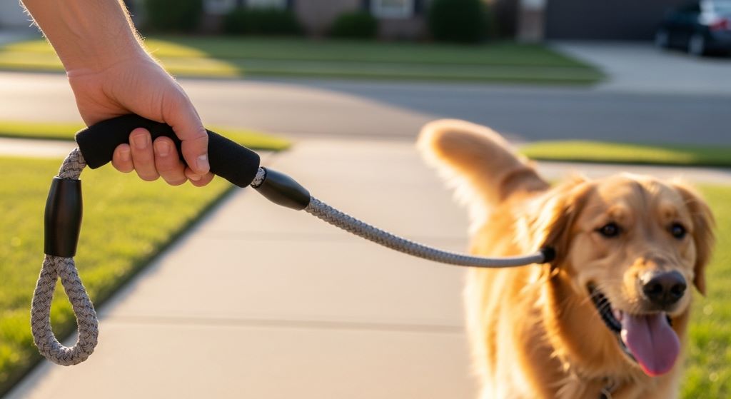 Owner holding comfortable braided rope dog leash with padded handle while walking happy golden retriever on sunny neighborhood sidewalk