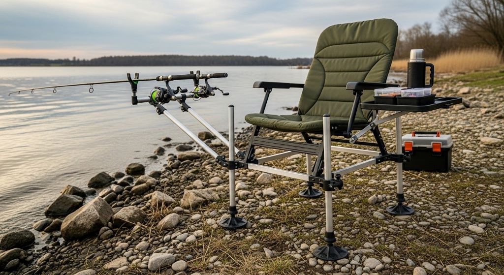 Portable bank fishing chair with adjustable legs and rod holders set up on uneven shoreline terrain