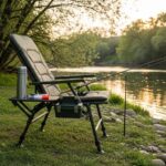 Comfortable fishing chair with padded seat and backrest positioned on riverbank for all-day angling