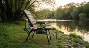 Comfortable fishing chair with padded seat and backrest positioned on riverbank for all-day angling