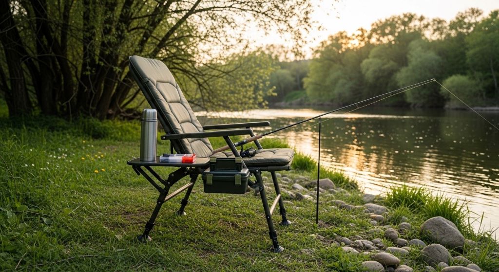 Comfortable fishing chair with padded seat and backrest positioned on riverbank for all-day angling