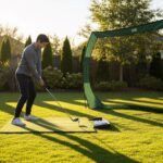 Beginner golfer practicing swing with portable golf hitting net in backyard