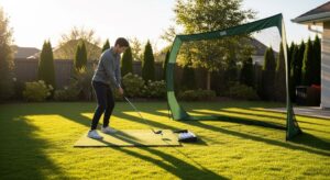 Beginner golfer practicing swing with portable golf hitting net in backyard