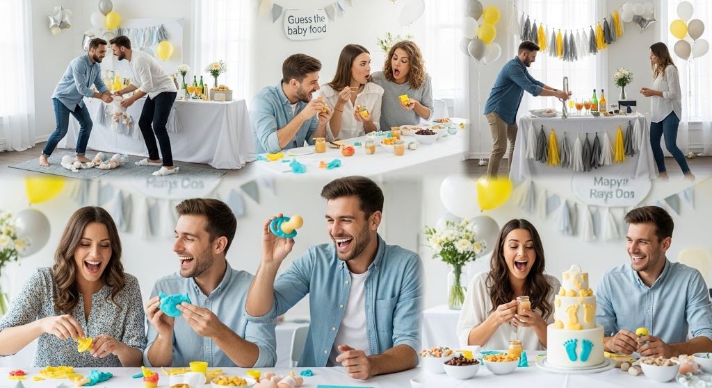 Mixed gender guests playing interactive games at a modern baby shower party