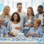 Diverse group of people laughing together at a baby shower celebration