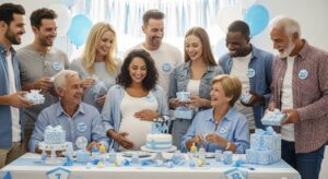 Diverse group of people laughing together at a baby shower celebration