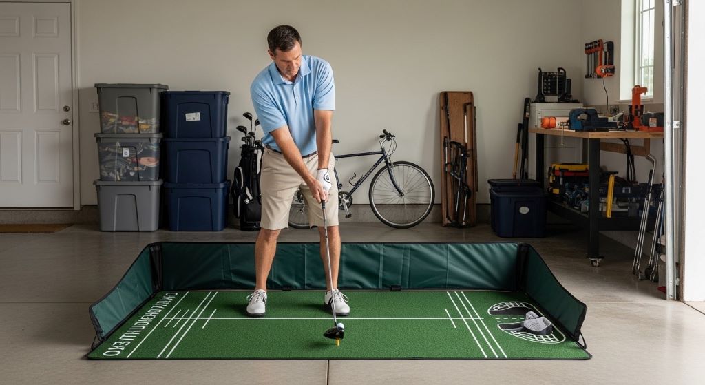 Golfer practicing swing on portable foldable golf practice mat in home garage with alignment guides visible