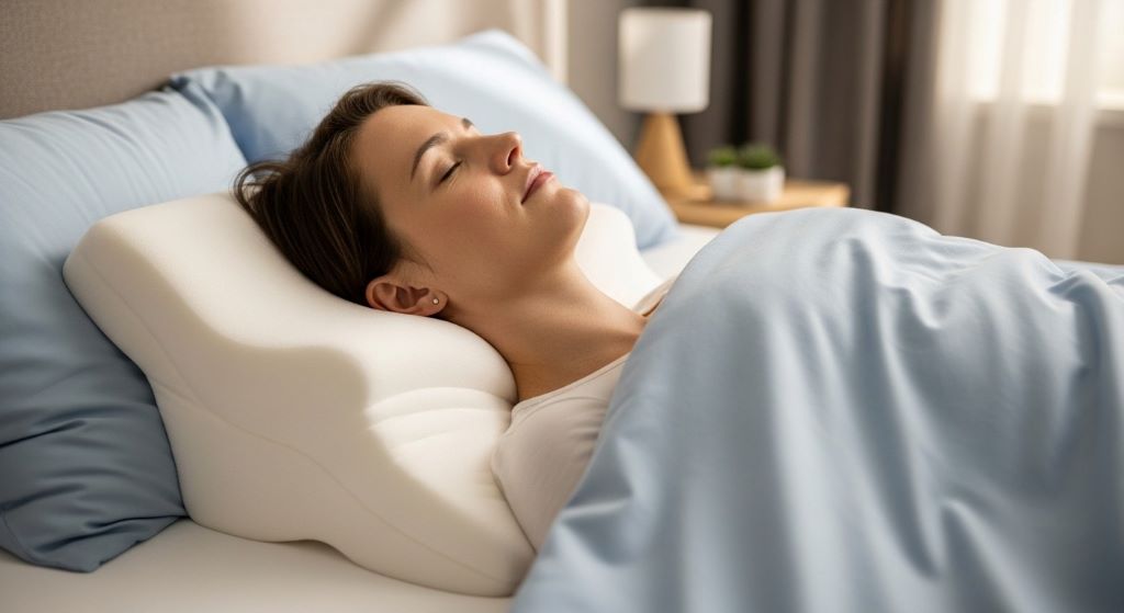 Back sleeper demonstrating correct head and neck alignment on contour pillow