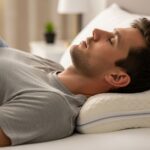 Cervical pillow with contoured support under neck showing proper back sleeping position