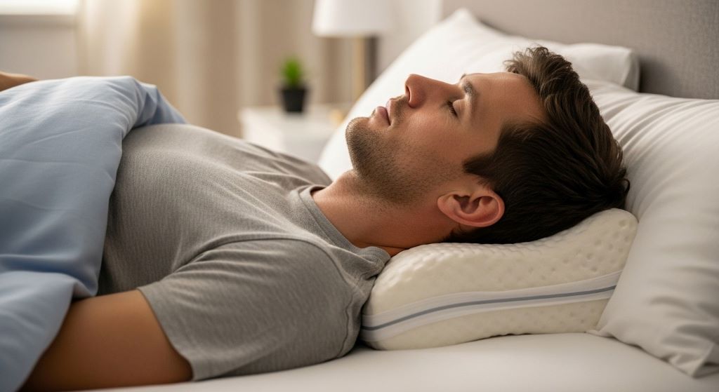 Cervical pillow with contoured support under neck showing proper back sleeping position