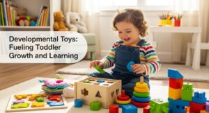 Toddler playing with developmental blocks for brain development