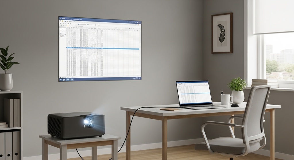 Portable mini projector setup for office presentations