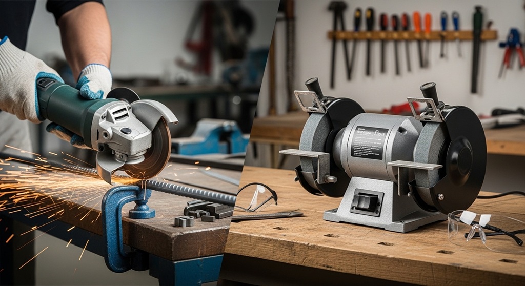 Bench grinder sharpening a metal tool in workshop