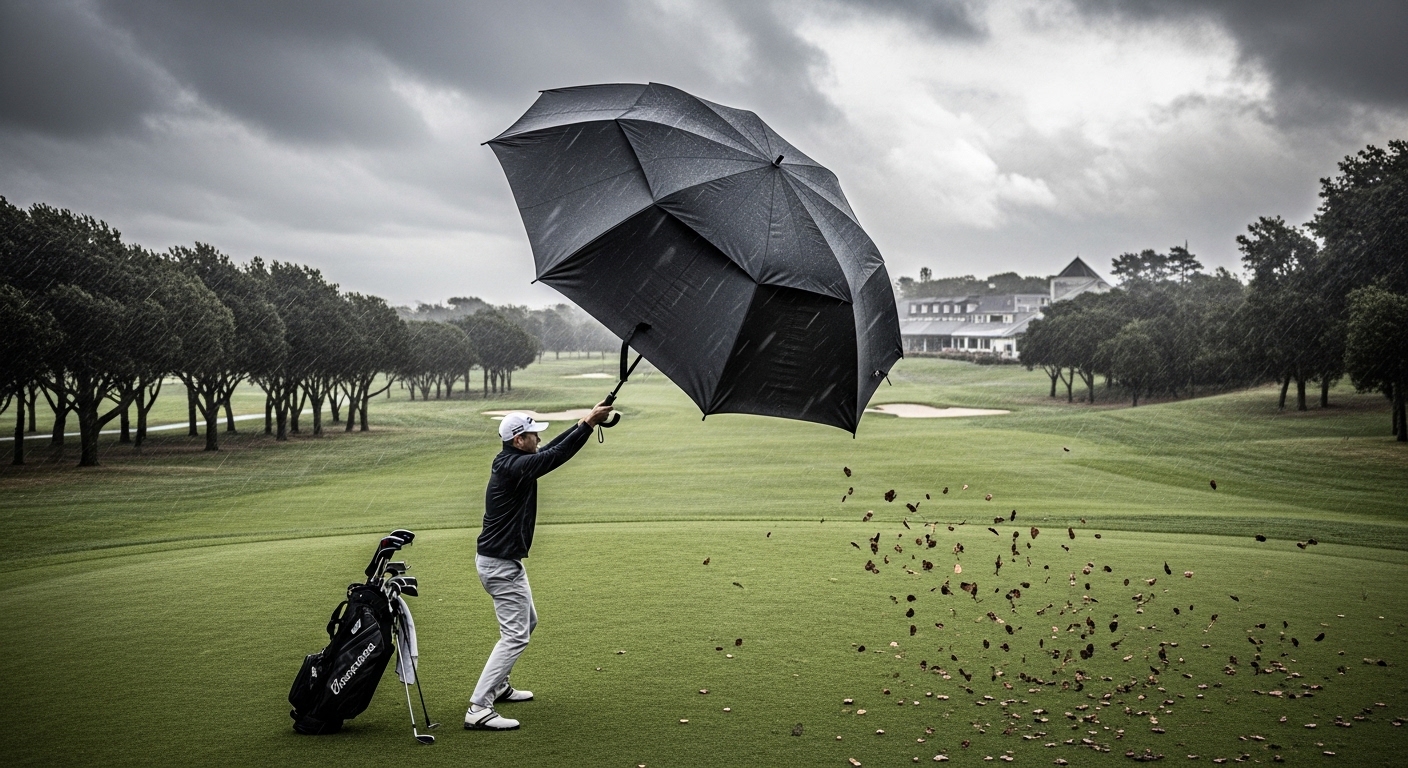 Fiberglass frame golf umbrella showing wide coverage design