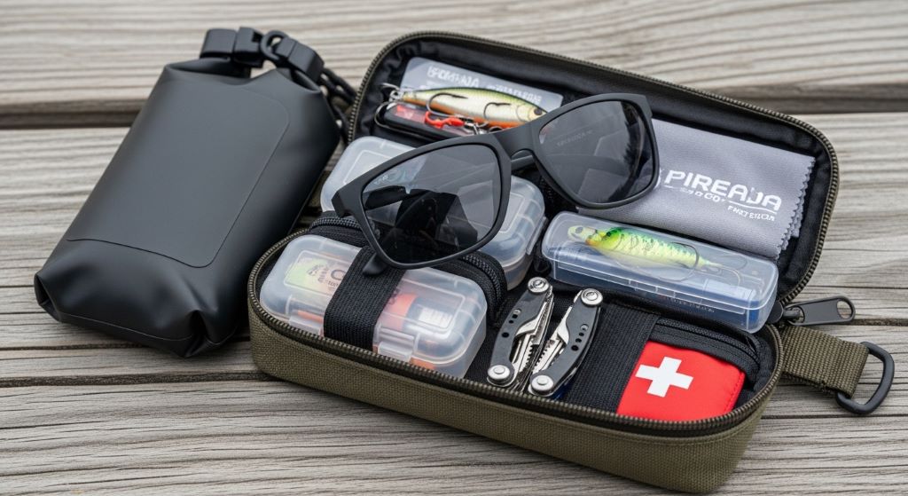 compact fishing sunglasses packed in travel gear kit