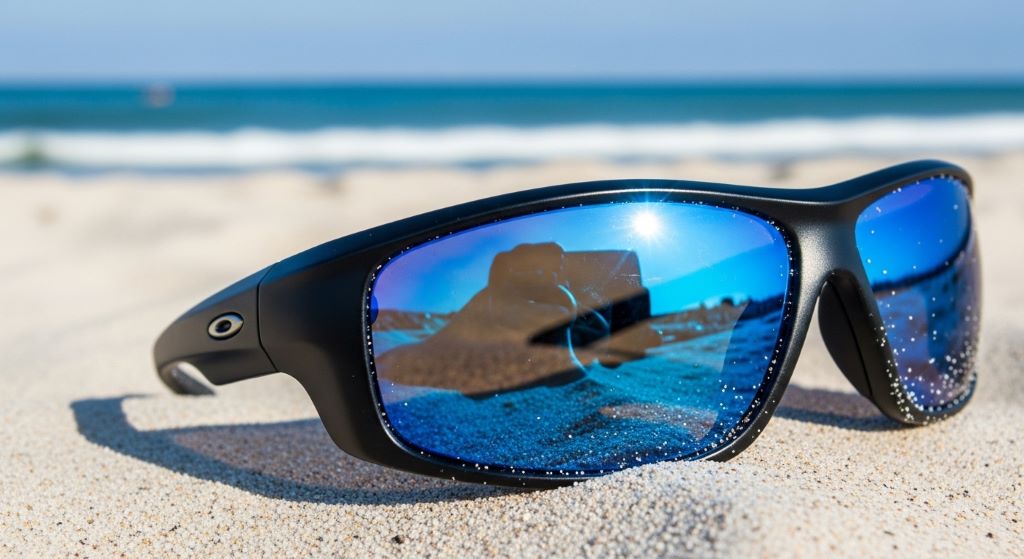 Close-up of summer eyewear with polarized lenses and wraparound frames resting on white sand at the beach