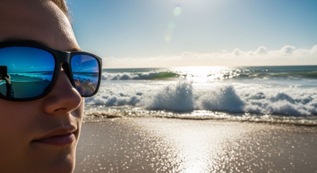 A person wearing polarized anti-glare sunglasses on a sunny beach with ocean waves reflecting bright sunlight in the background