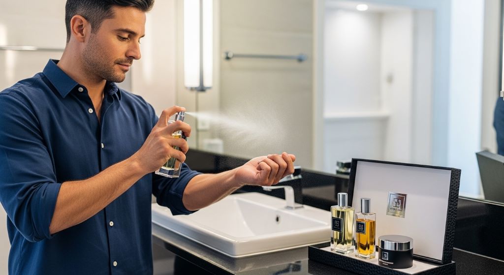 Man applying cologne fragrance from gift set on wrist