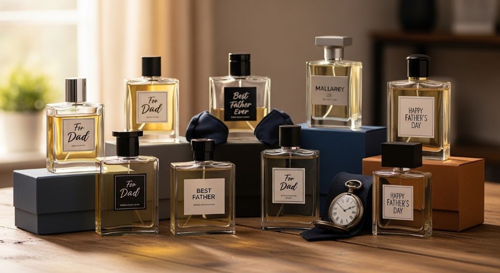 Collection of men's cologne bottles displayed as Father's Day gift options