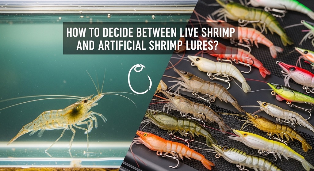 angler comparing live shrimp and artificial shrimp lure for inshore fishing