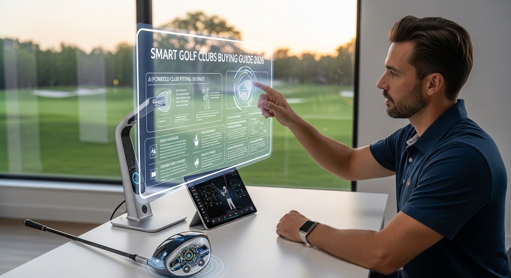 Modern golf clubs layout showing driver irons wedges and putter