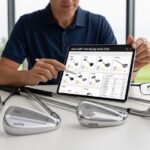Golfer comparing different golf clubs during a fitting session