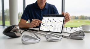 Golfer comparing different golf clubs during a fitting session