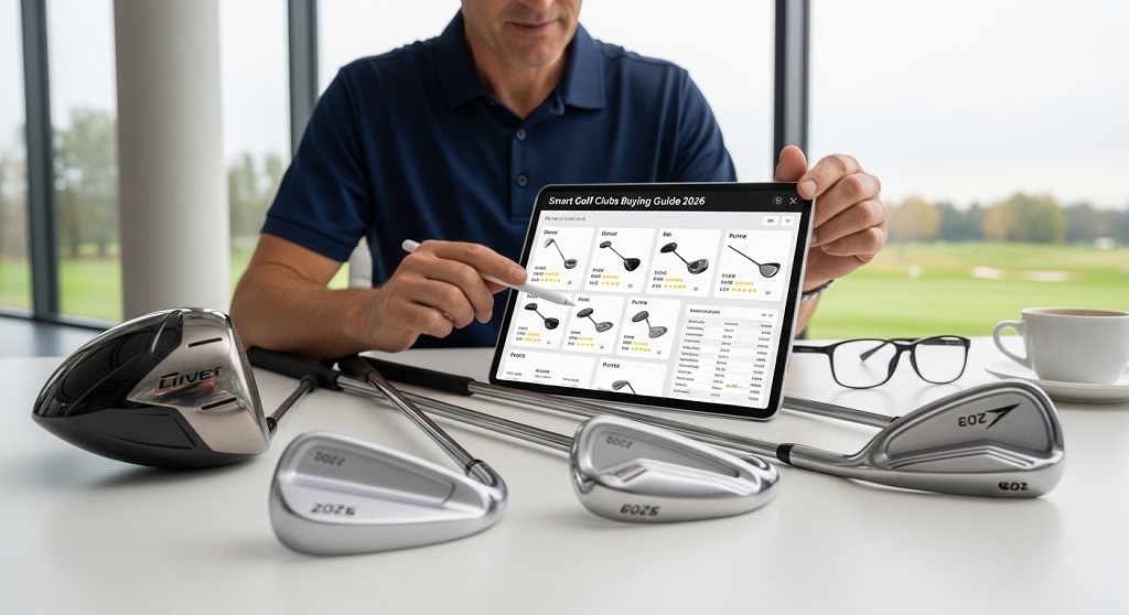 Golfer comparing different golf clubs during a fitting session