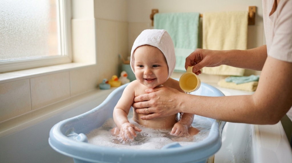 Parent gently bathing a newborn in a secure tub to demonstrate stress-free bath time techniques.