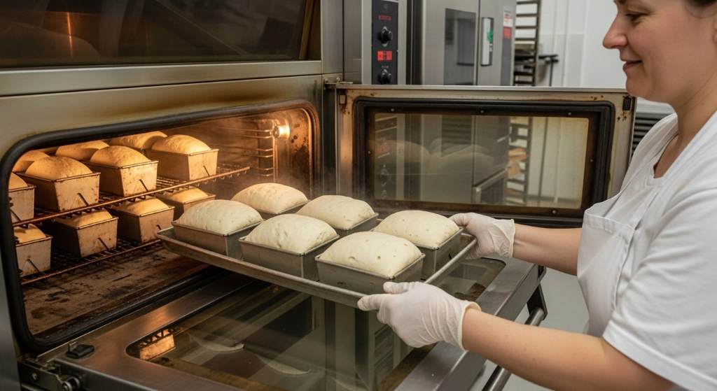 Baker using a probe thermometer to check internal bread temperature for proper doneness