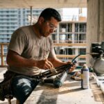 Contractor cleaning pneumatic nail gun after use in humid Miami job site