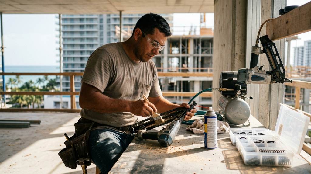 Contractor cleaning pneumatic nail gun after use in humid Miami job site