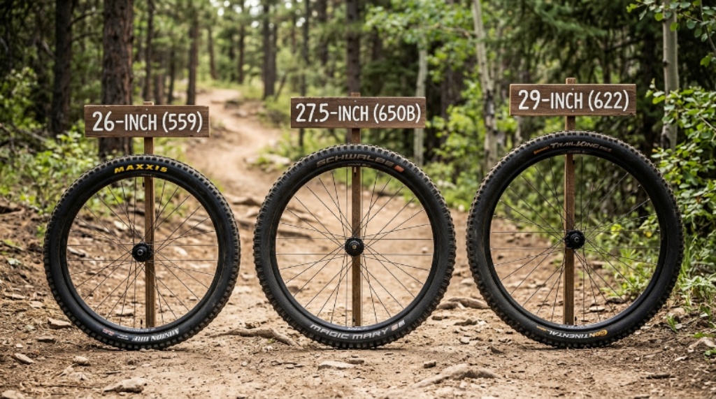 Side-by-side comparison of 26-inch, 27.5-inch, and 29-inch mountain bike wheels on a dirt trail