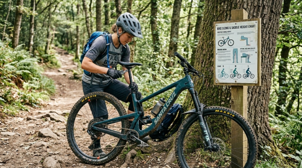 A mountain biker adjusting saddle height on a trail bike next to a sizing chart
