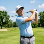 A golfer wearing a white moisture-wicking baseball cap on a sunny golf course in summer