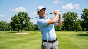 A golfer wearing a white moisture-wicking baseball cap on a sunny golf course in summer