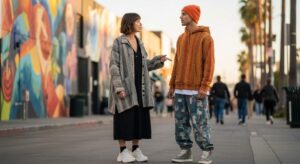 Los Angeles stylist wearing artisan woven streetwear outfit