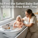 Modern ergonomic baby bathtub in a bright bathroom with article title overlay for bath safety guide.