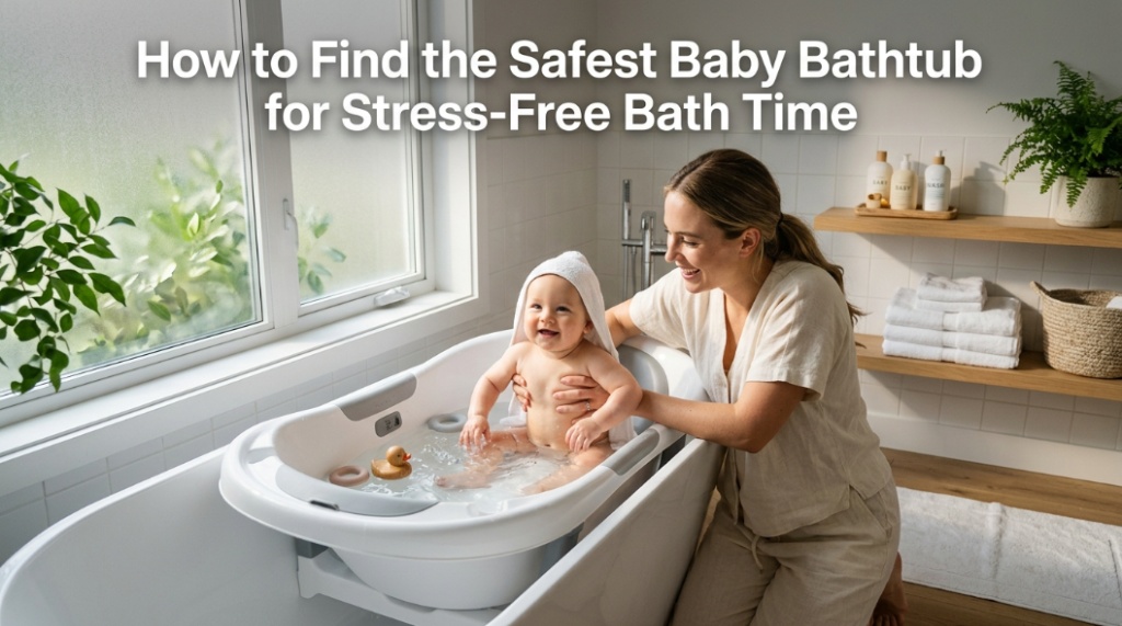Modern ergonomic baby bathtub in a bright bathroom with article title overlay for bath safety guide.