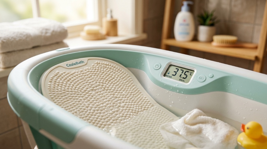 Close-up of a non-slip silicone bottom and digital temperature sensor on a safe infant bath seat.