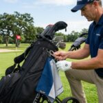 Golfer attaching a dual-zone microfiber golf towel with a metal clip to the side of a black golf bag on the course