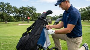 Golfer attaching a dual-zone microfiber golf towel with a metal clip to the side of a black golf bag on the course