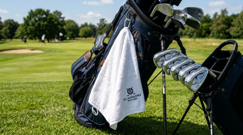 Close-up of a clean terry cotton golf towel hanging from a golf bag next to a set of irons on a sunny fairway